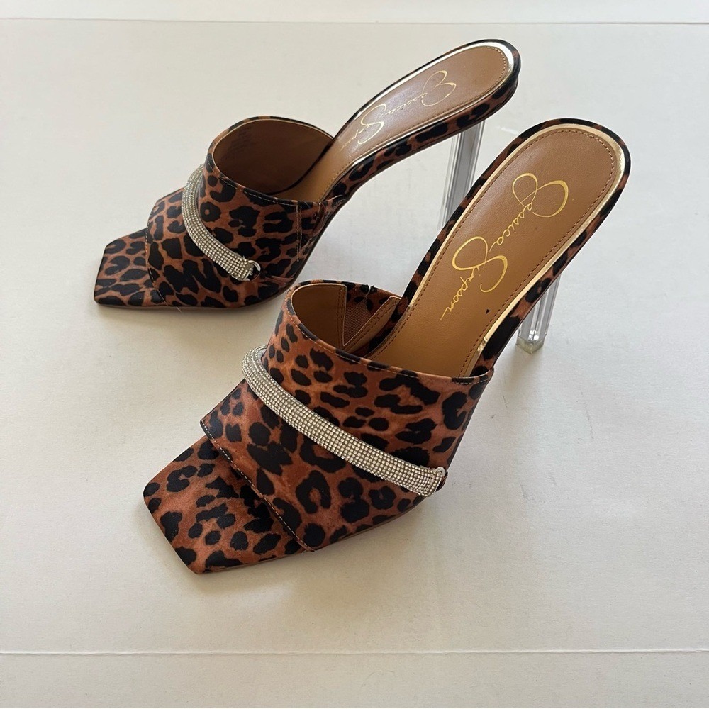 Jessica Simpson Y2K‎ Leopard Mules 9M Clear Lucite Heels Rhinestone Square Toe.